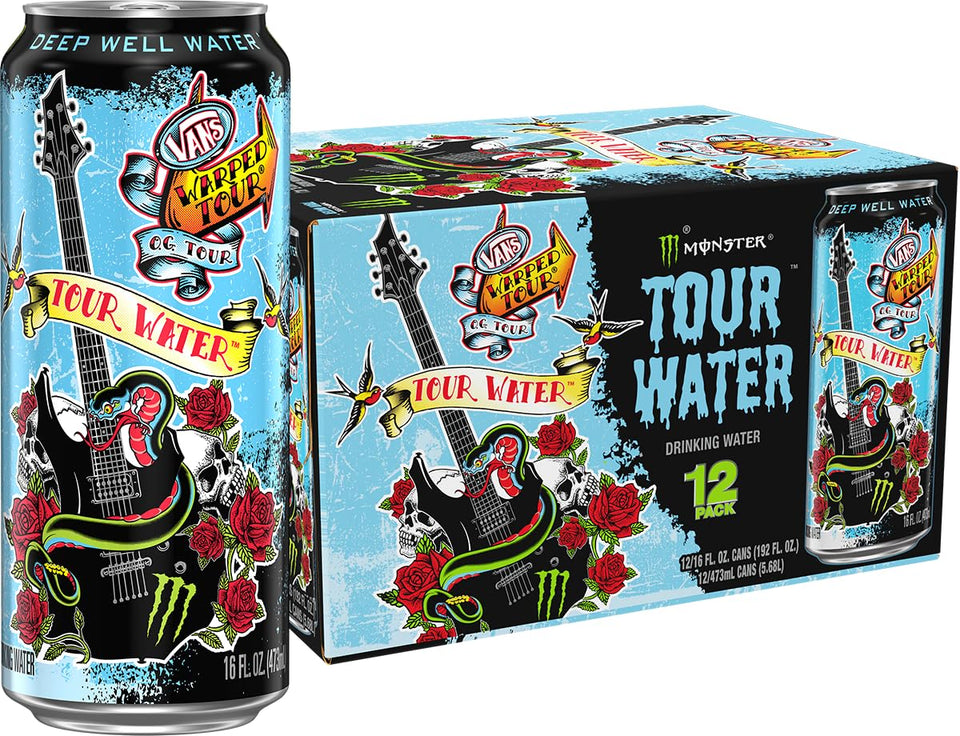 Monster Tour Water can front view highlights the 16oz size and clean hydration.