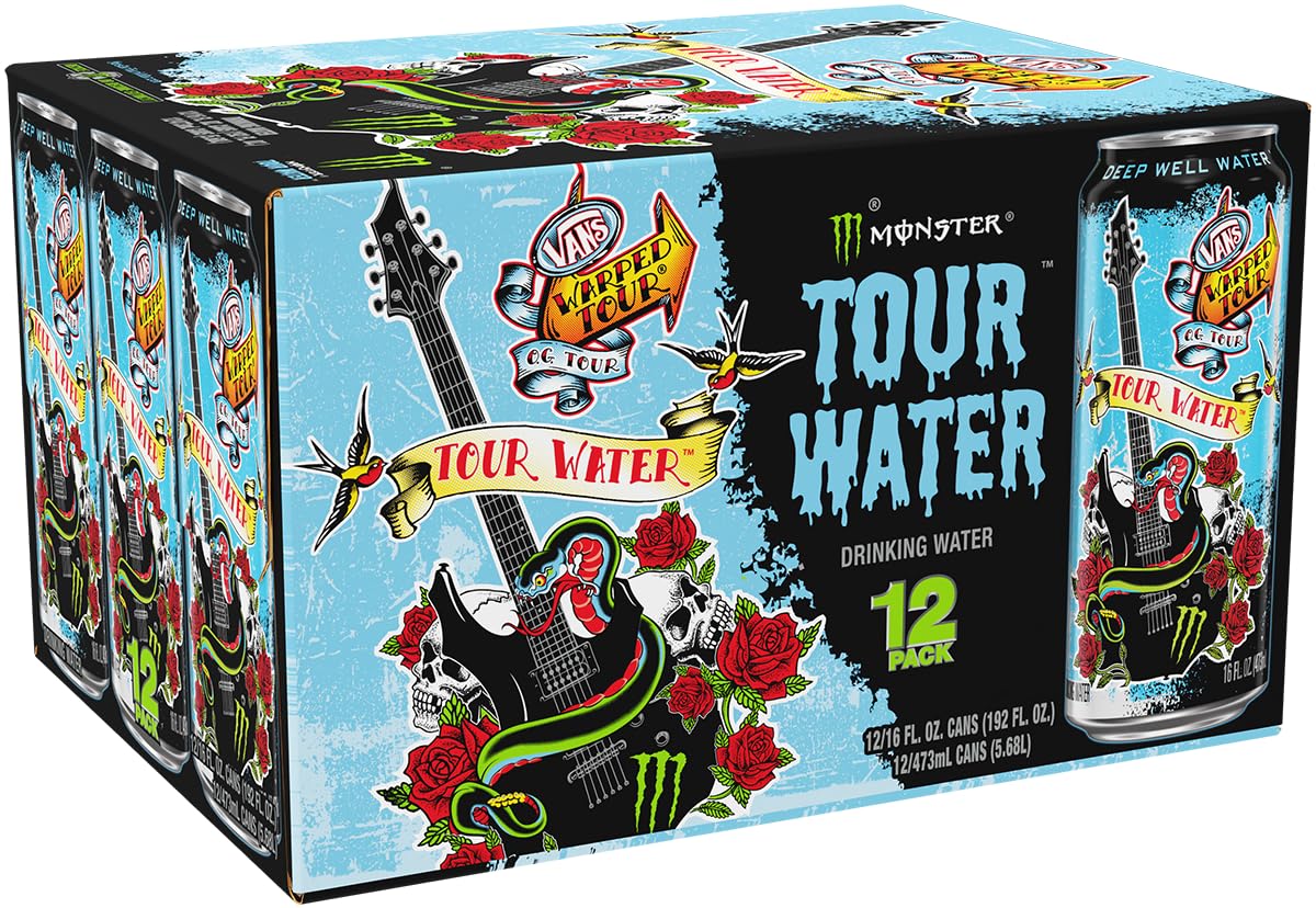 Monster Tour Water packaging emphasizes eco friendly can with recycled aluminum.