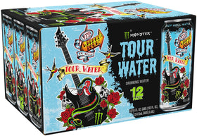 Monster Tour Water packaging emphasizes eco friendly can with recycled aluminum.