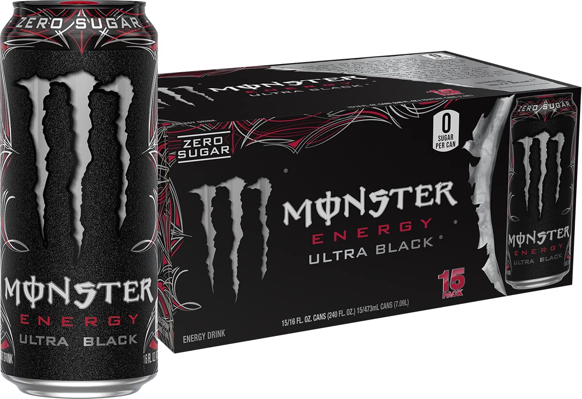 Monster Ultra Black bottle close-up; zero-sugar energy for workouts.