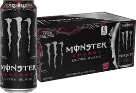 Monster Ultra Black bottle close-up; zero-sugar energy for workouts.