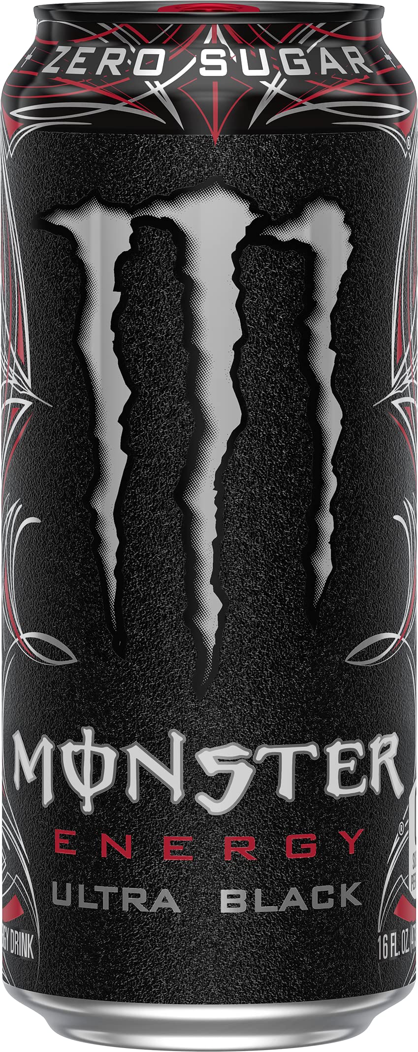 Monster Ultra Black can close-up; crisp black cherry flavor for busy days.