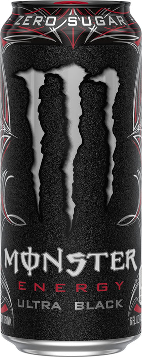Monster Ultra Black can close-up; crisp black cherry flavor for busy days.