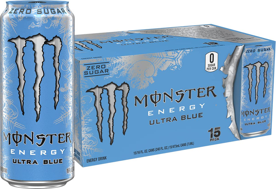 Monster Ultra Blue bottle pour showcases refreshing zero sugar energy for peak performance