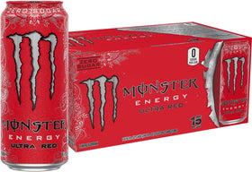 Monster Ultra Red can front view showing zero calories and bold berry flavor.