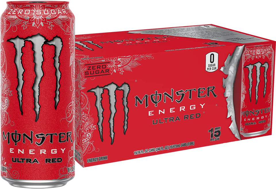 Monster Ultra Red can front view showing zero calories and bold berry flavor.