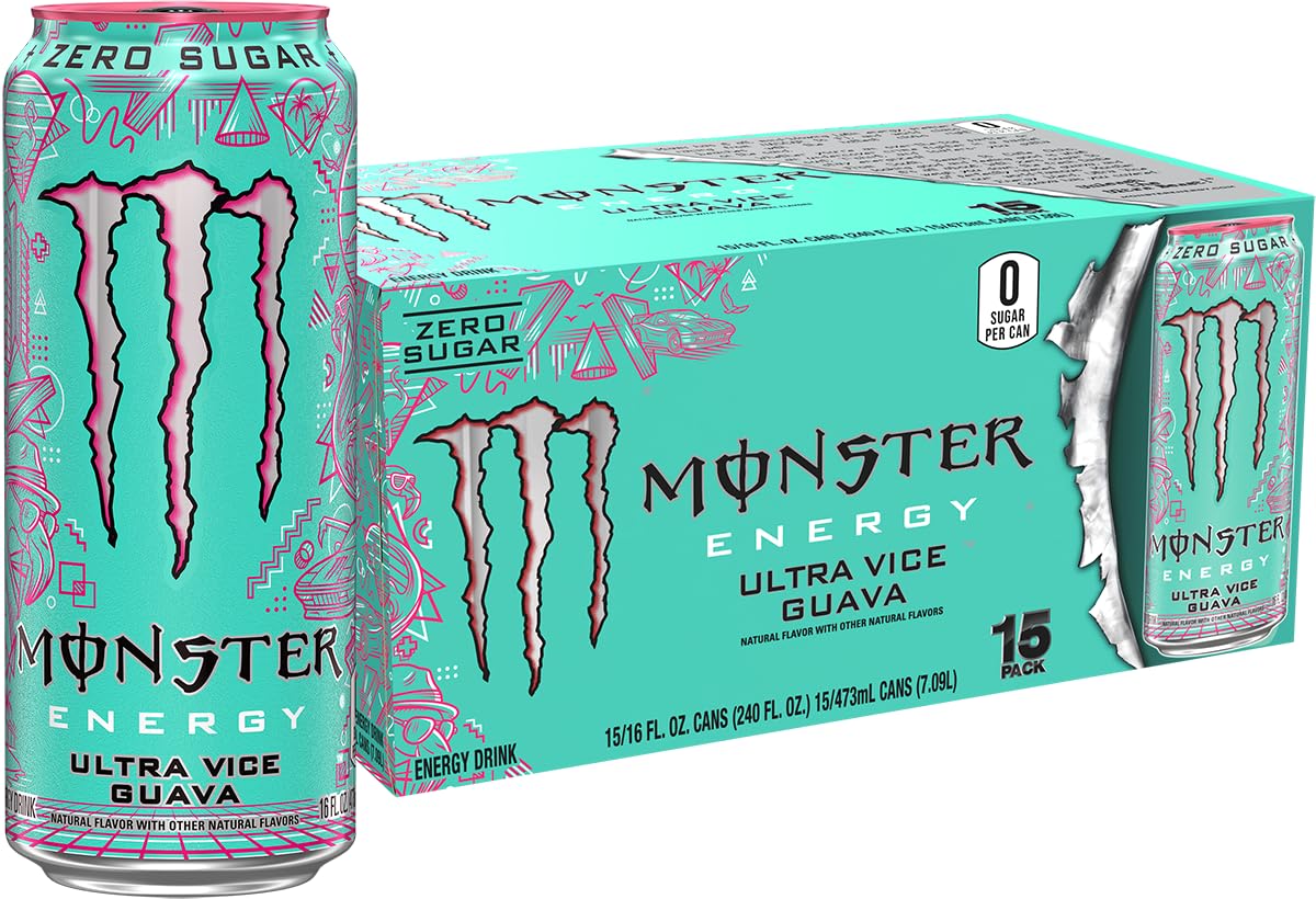 Monster Ultra Vice Guava bottle front view shows zero sugar and tropical guava flavor.