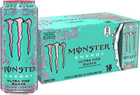 Monster Ultra Vice Guava bottle front view shows zero sugar and tropical guava flavor.