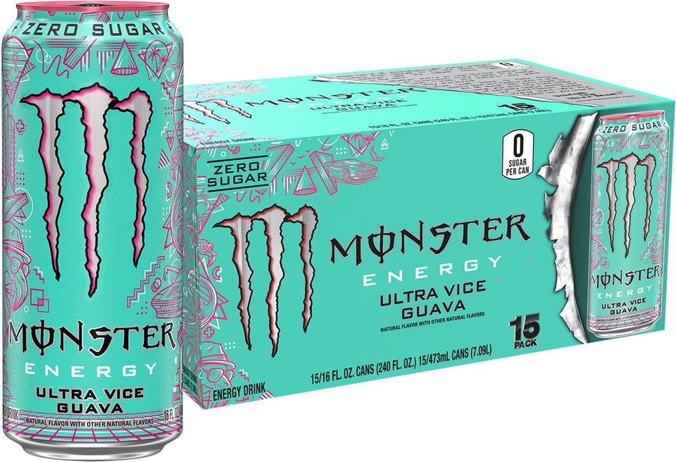 Monster Ultra Vice Guava bottle front view shows zero sugar and tropical guava flavor.
