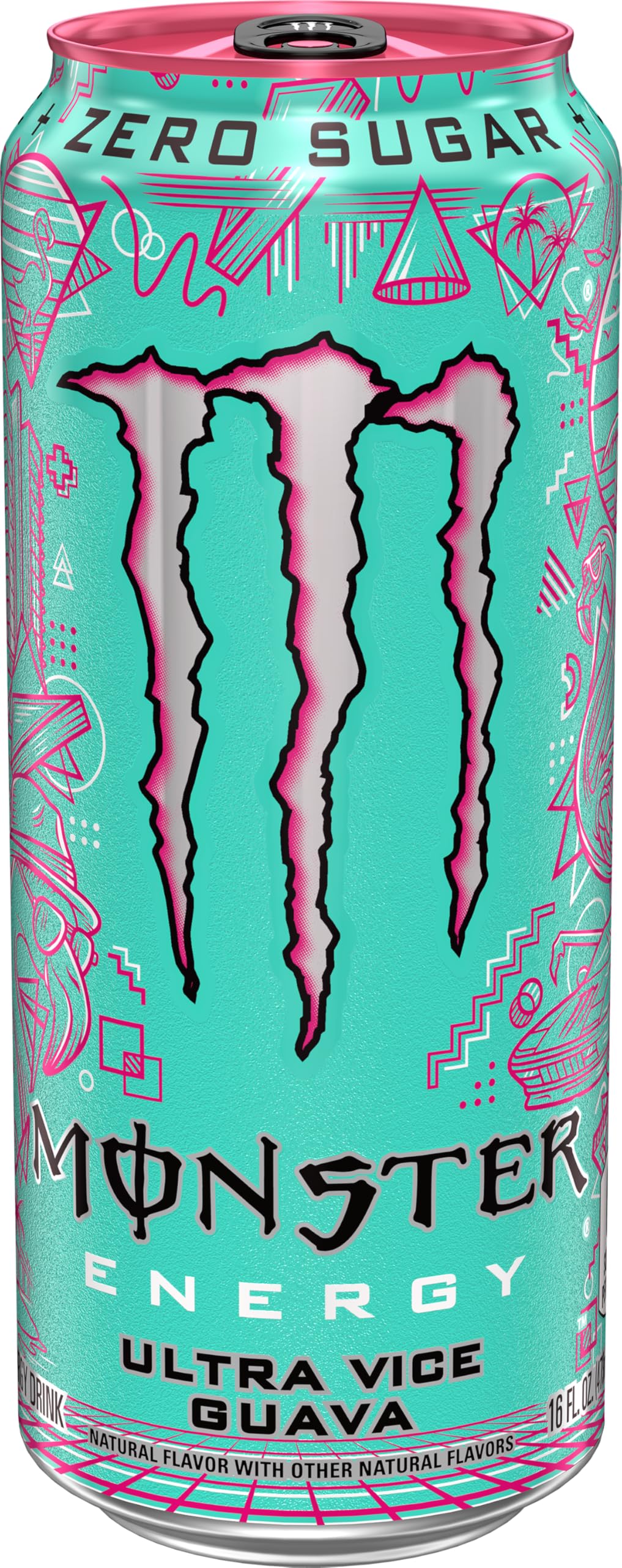 Monster Ultra Vice Guava bottle side angle emphasizes crisp, refreshing taste.
