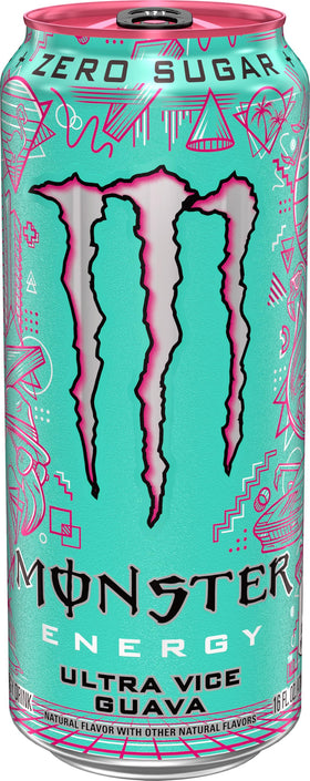 Monster Ultra Vice Guava bottle side angle emphasizes crisp, refreshing taste.