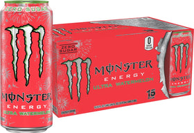 Monster Ultra Watermelon can on ice, refreshing energy lift