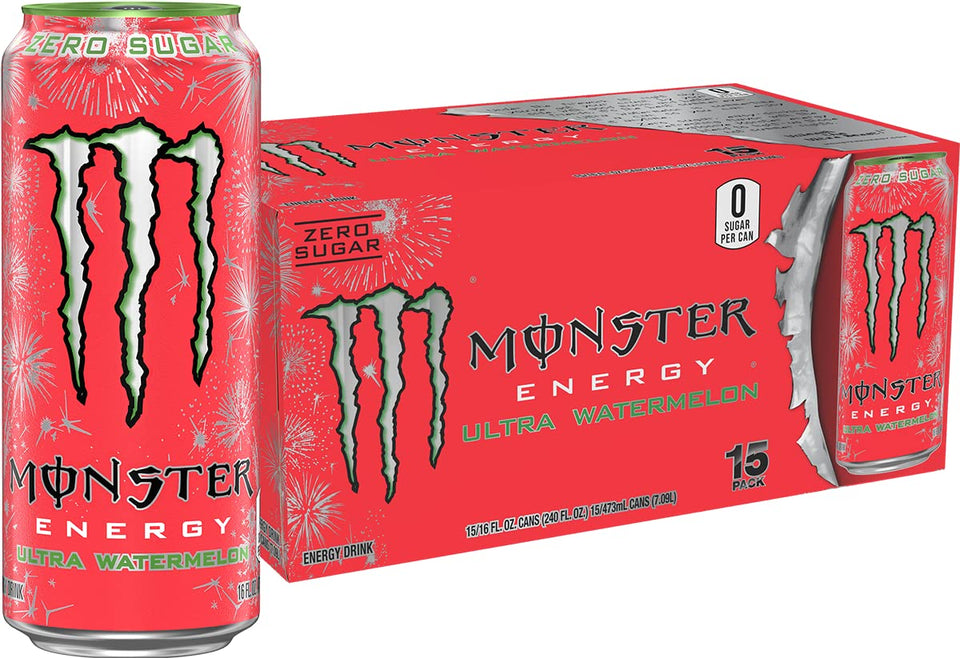 Monster Ultra Watermelon can on ice, refreshing energy lift