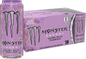 Monster Ultra Wild Passion bottle front; zero sugar and bold flavor for on the go energy