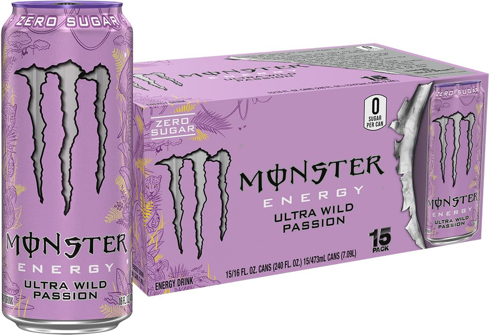 Monster Ultra Wild Passion bottle front; zero sugar and bold flavor for on the go energy