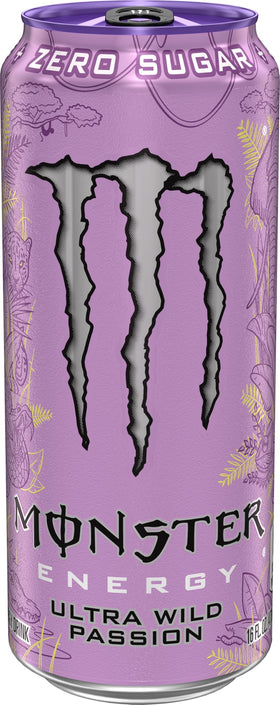 Monster Ultra Wild Passion can tilt close up; refreshing color and aroma