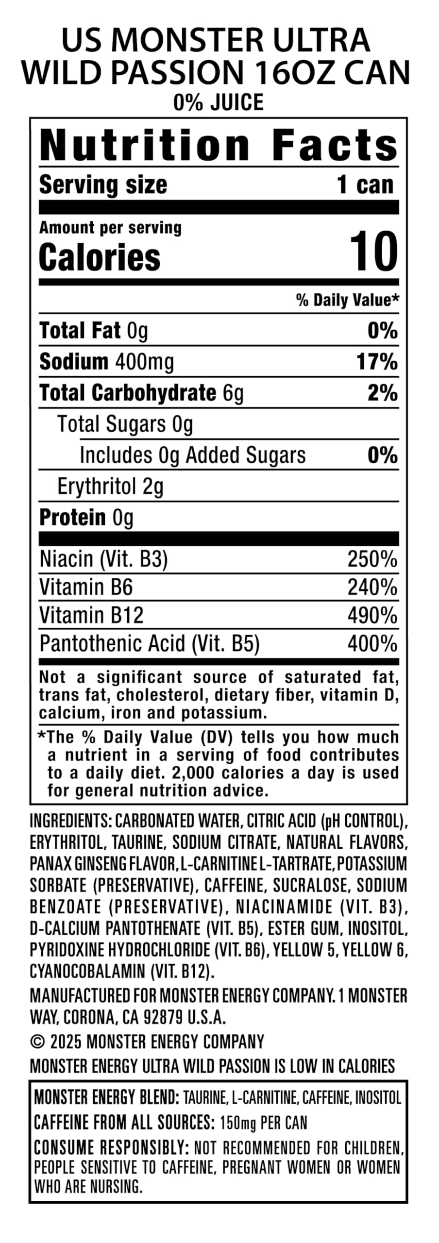 Monster Ultra Wild Passion label detail highlighting zero sugar and low calories