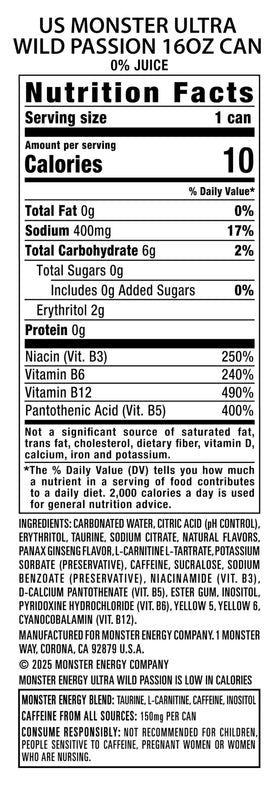 Monster Ultra Wild Passion label detail highlighting zero sugar and low calories