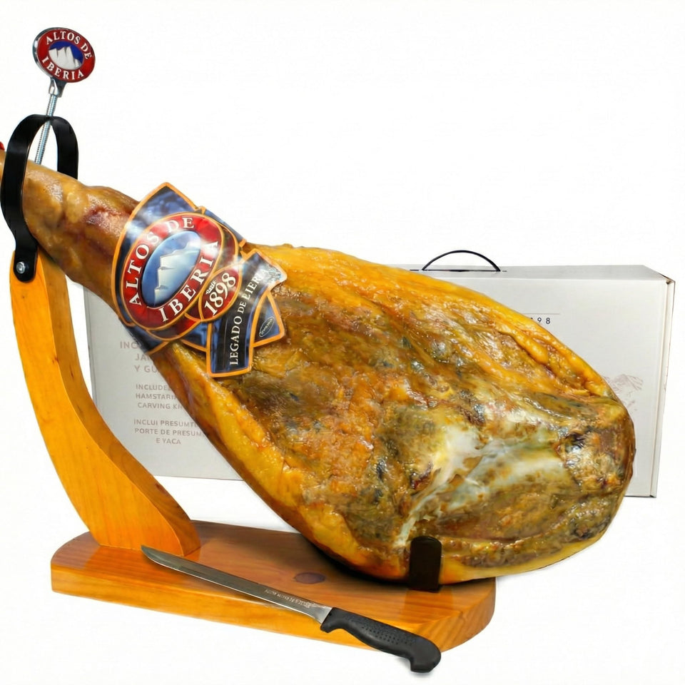 Monte Nevado Altos de Iberia Serrano ham stand for easy slicing and serving