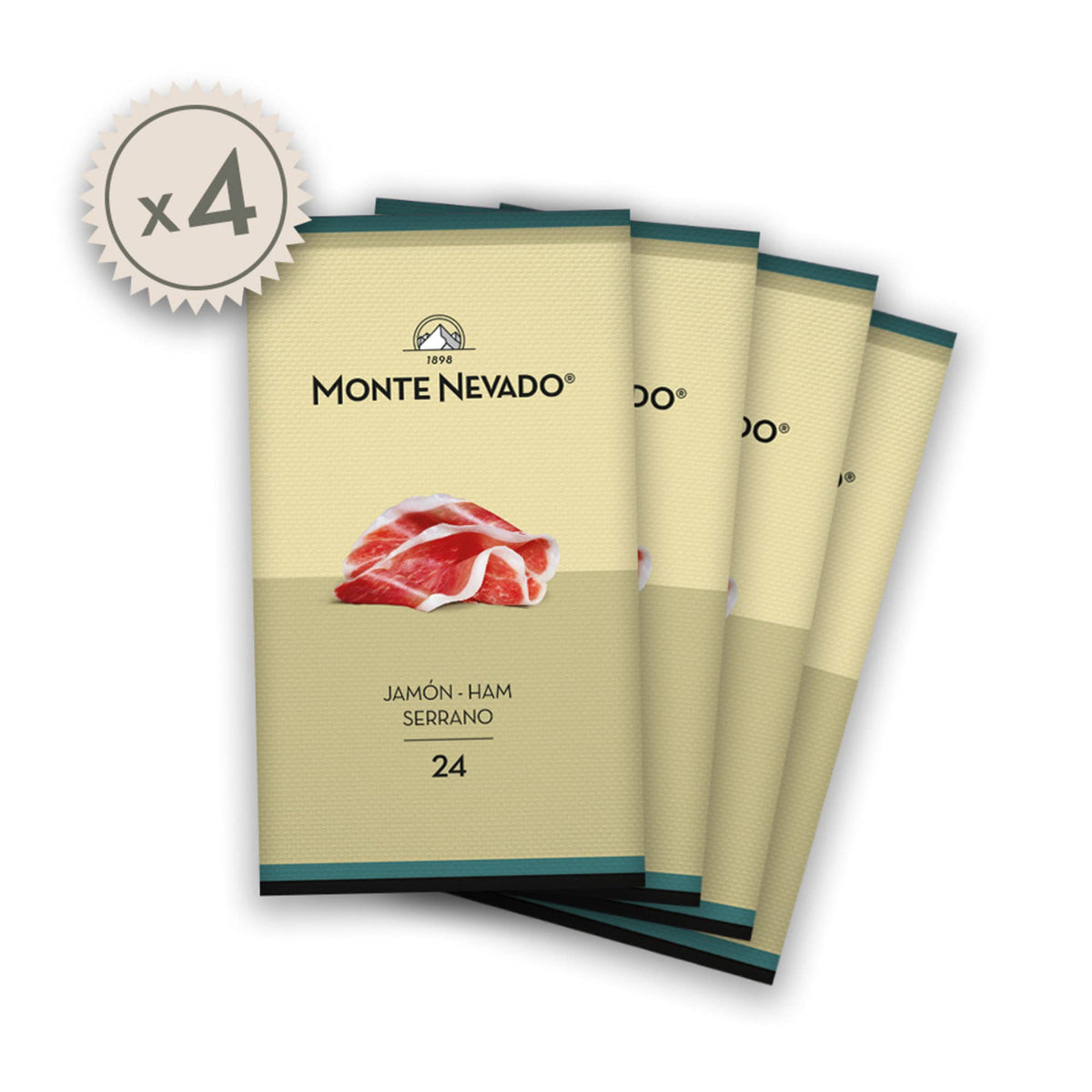 Four-pack Monte Nevado Serrano ham slices ready to serve