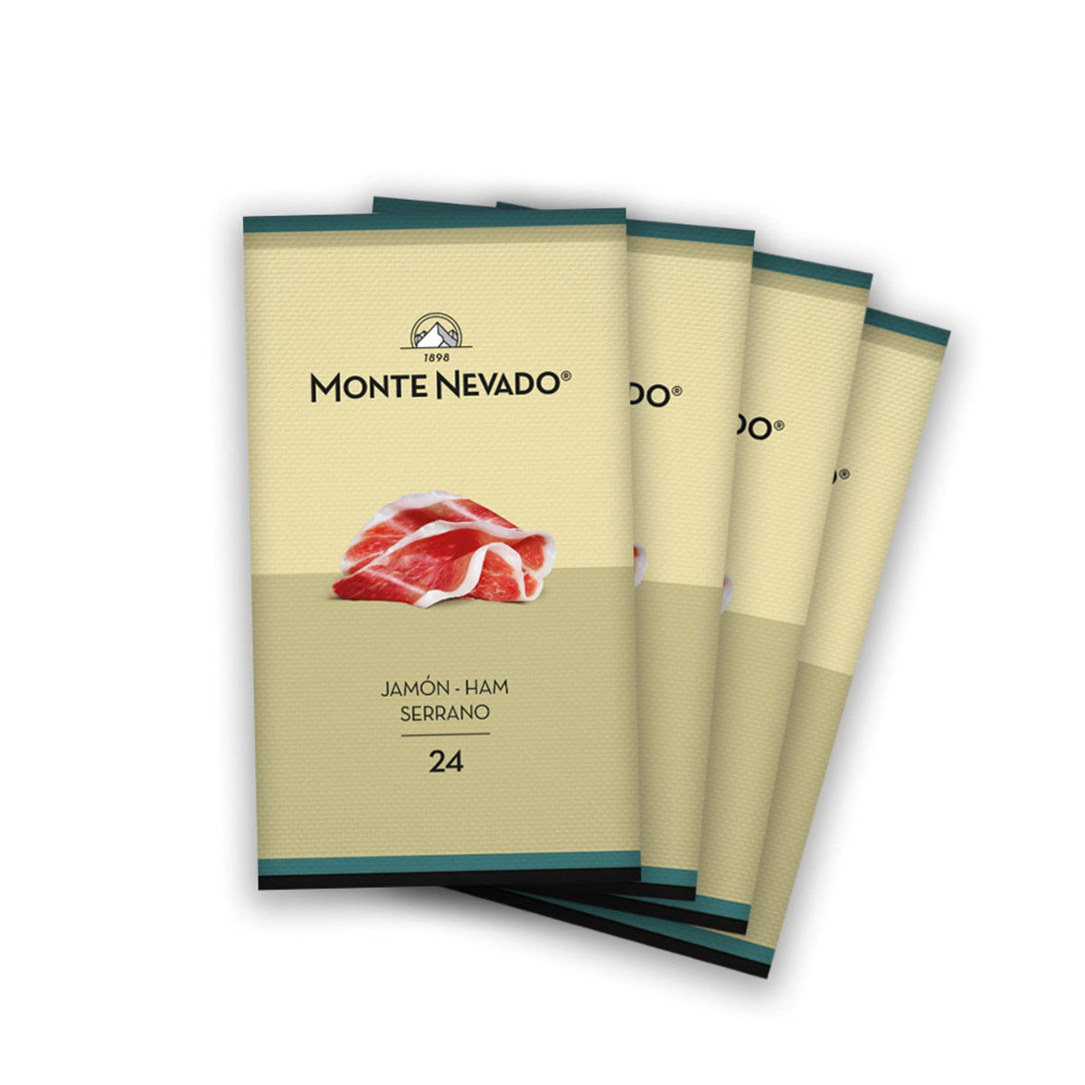Monte Nevado Serrano ham slices arranged on a board for tapas