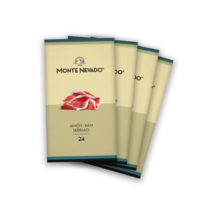 Monte Nevado Serrano ham slices arranged on a board for tapas
