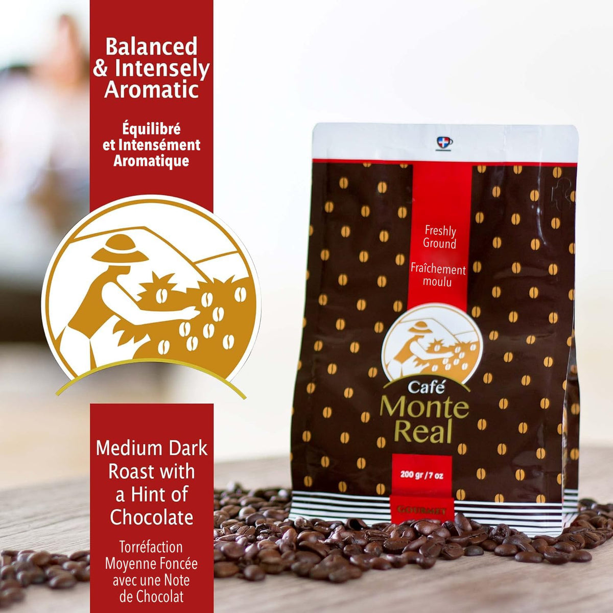 Monte Real bag open, showing fresh roasted grounds.