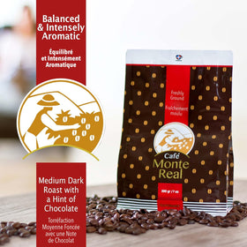Monte Real bag open, showing fresh roasted grounds.
