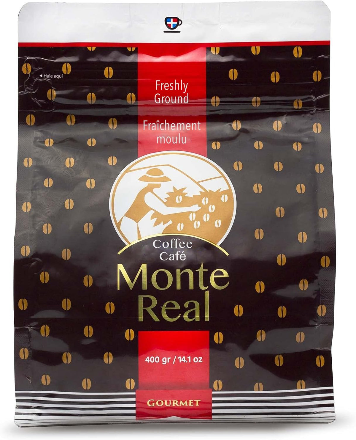 Monte Real Arabica Gourmet Coffee cacao flavor grounds close-up, rich aroma.