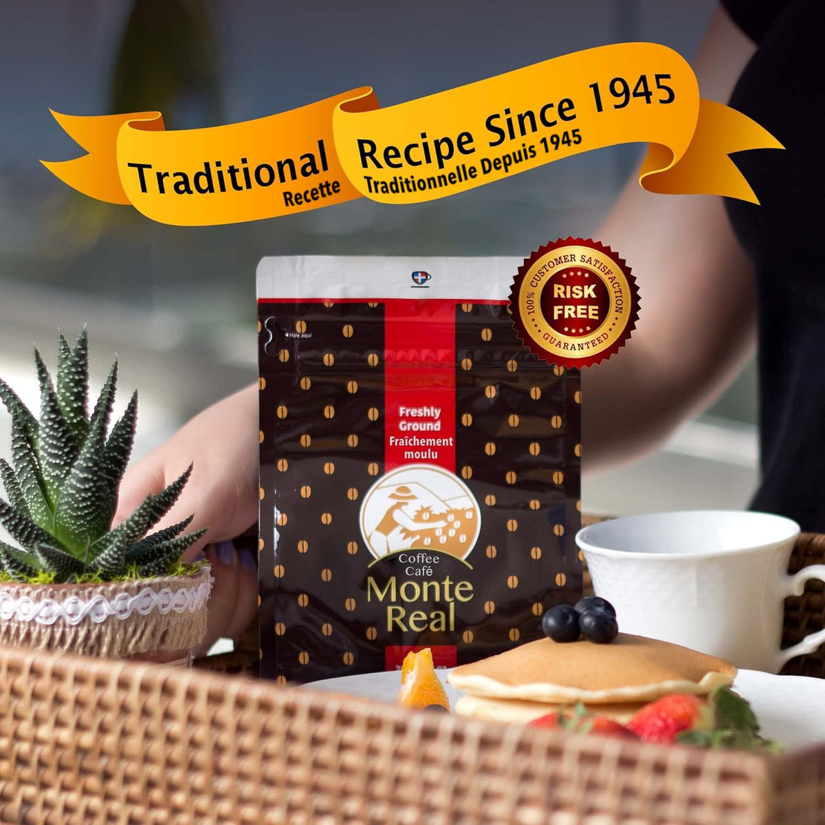 Monte Real coffee mug with steam, hot beverage ready.
