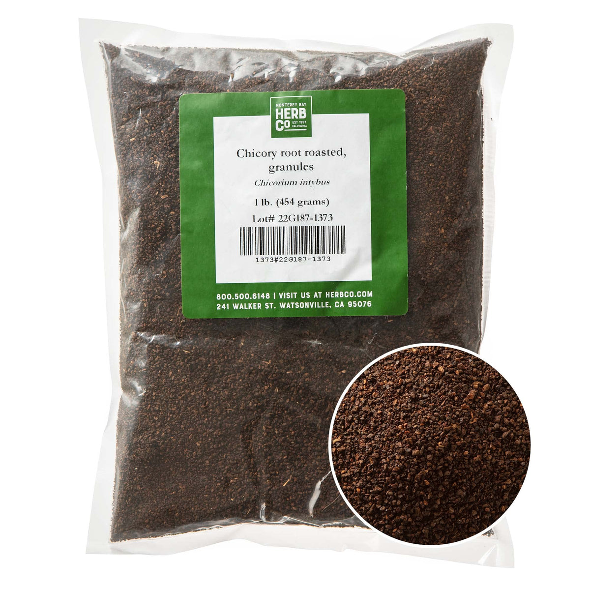 MONTEREY BAY HERB CO chicory root roasted granules bag, caffeine-free coffee substitute.
