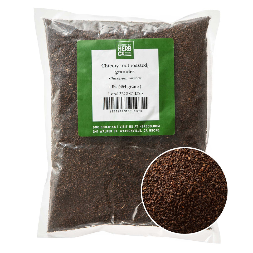 MONTEREY BAY HERB CO chicory root roasted granules bag, caffeine-free coffee substitute.