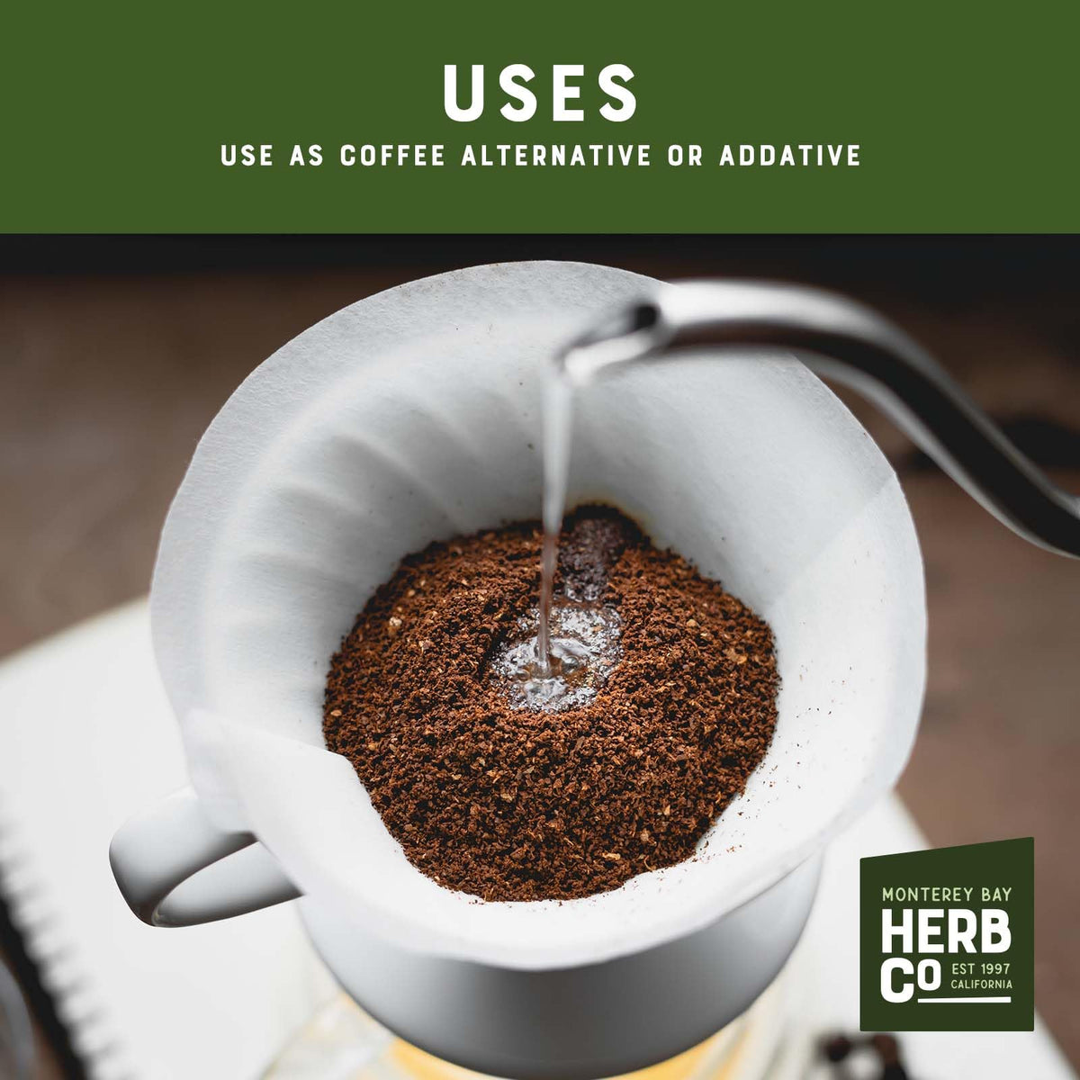 MONTEREY BAY HERB CO chicory roasted granules on kitchen scale, ideal coffee substitute.
