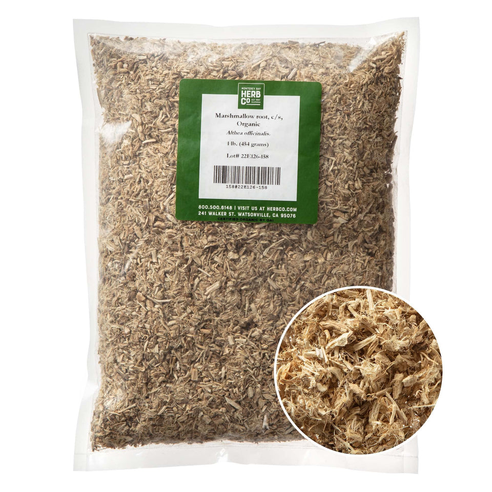 MONTEREY BAY HERB CO marshmallow root cut in a bowl, ideal for tea blends.