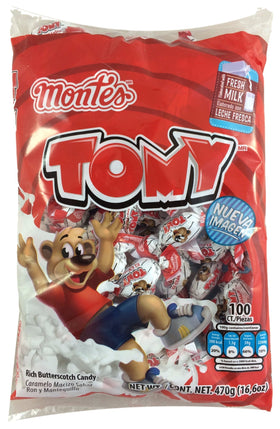 Montes Tomy rich butterscotch candy pack view, ideal for sharing at gatherings.