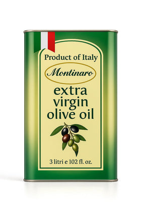 Montinaro Coratina olive oil in a 3L tin; ideal for restaurant-grade finishing.