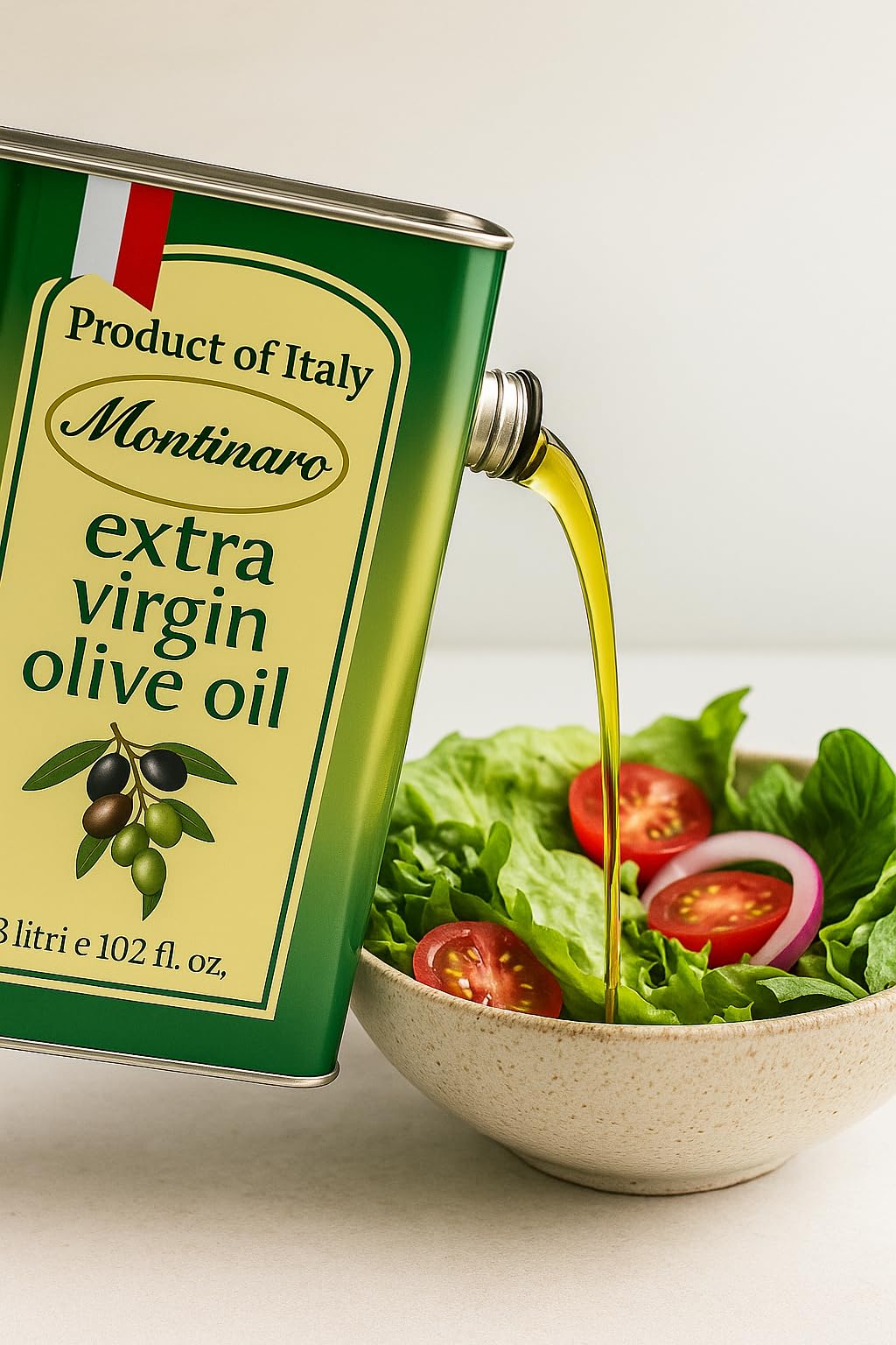 Montinaro olive oil pouring from a tin; perfect for finishing dishes.