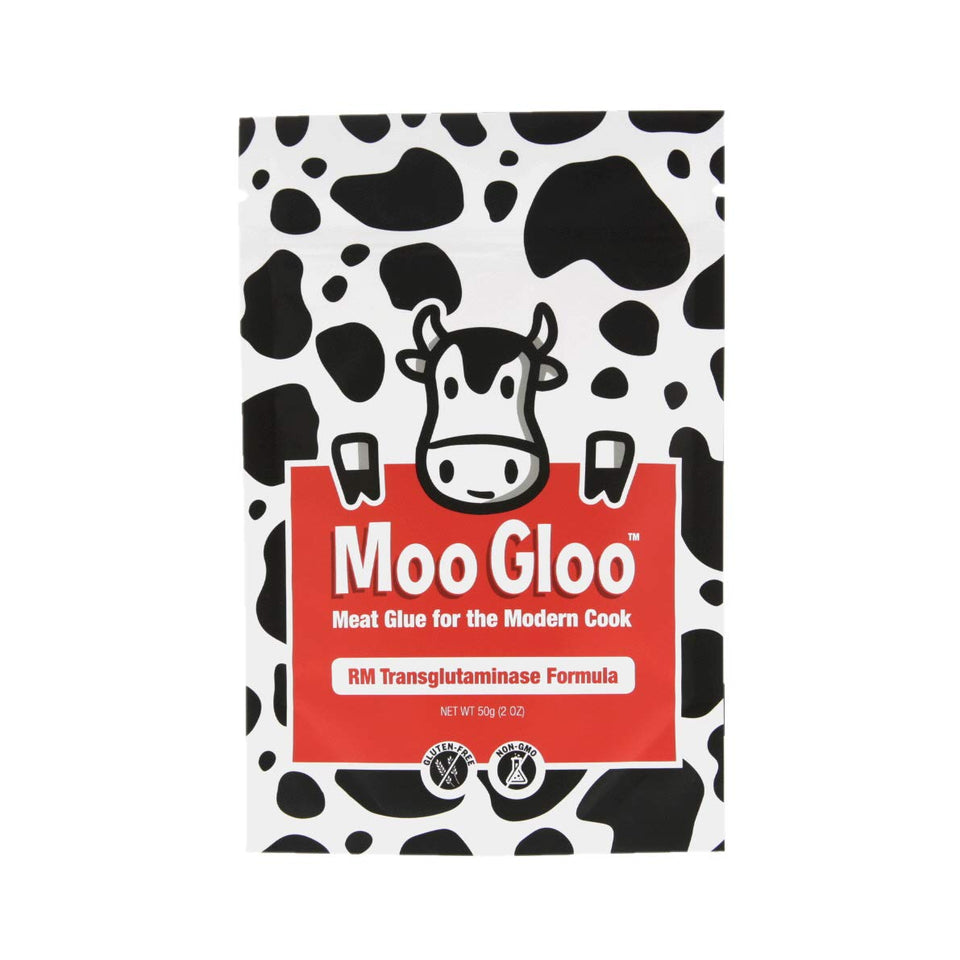 Moo Gloo Transglutaminase bottle demonstrates precise binding for clean protein seams.