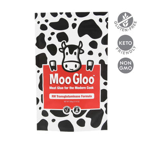 Moo Gloo transglutaminase powder ready to sprinkle for uniform texture.