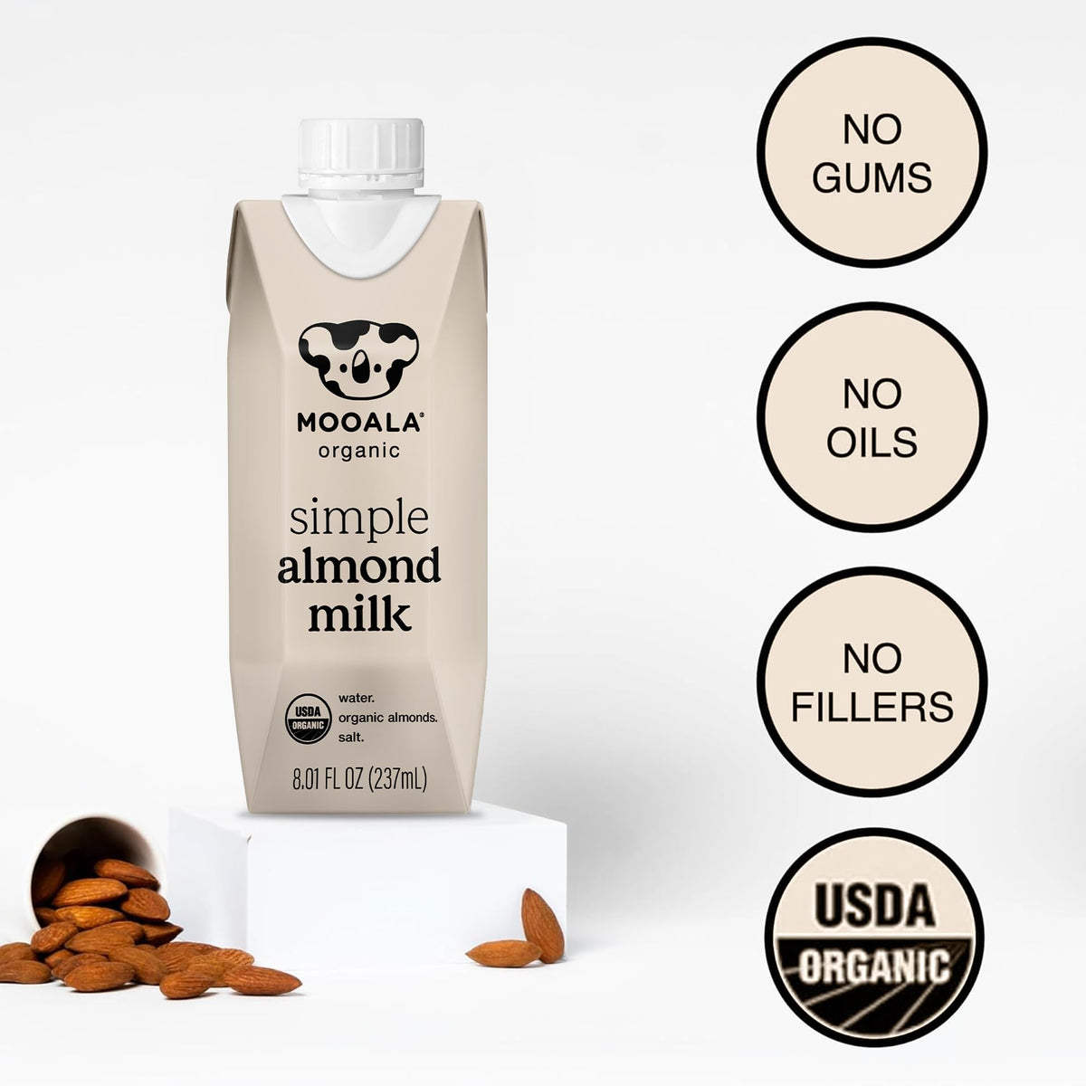 Mooala Almondmilk Unsweetened 3-ingredient formula for clean dairy-free milk at home.