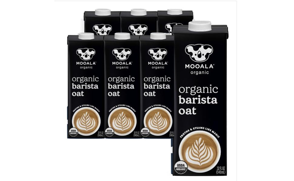 Mooala Barista Oatmilk bottle on shelf-stable packaging for daily coffee.