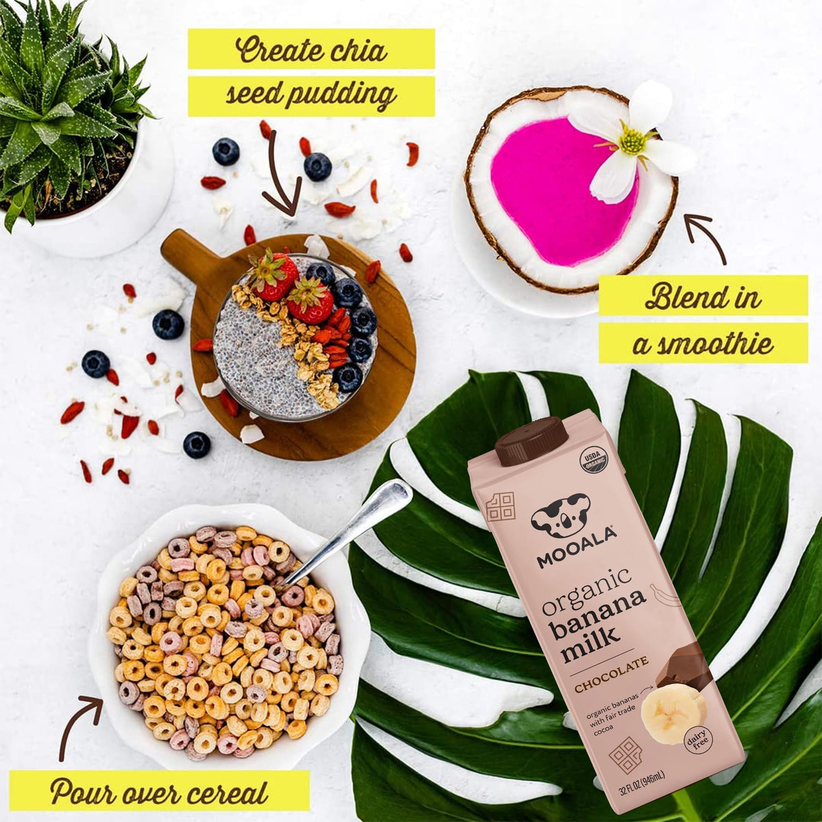 Mooala Chocolate Banana Milk beside cereals and smoothies for easy recipes.