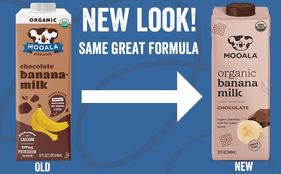 Pouring Mooala Chocolate Banana Milk into a glass, creamy plant-based treat.