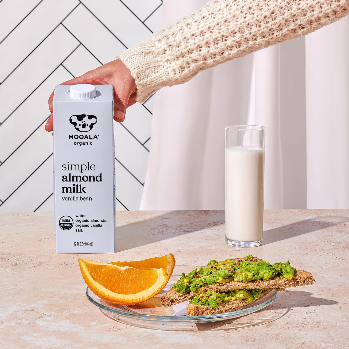 Mooala Organic Almond Milk ingredients label shows four-ingredient purity.