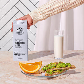Mooala Organic Almond Milk ingredients label shows four-ingredient purity.