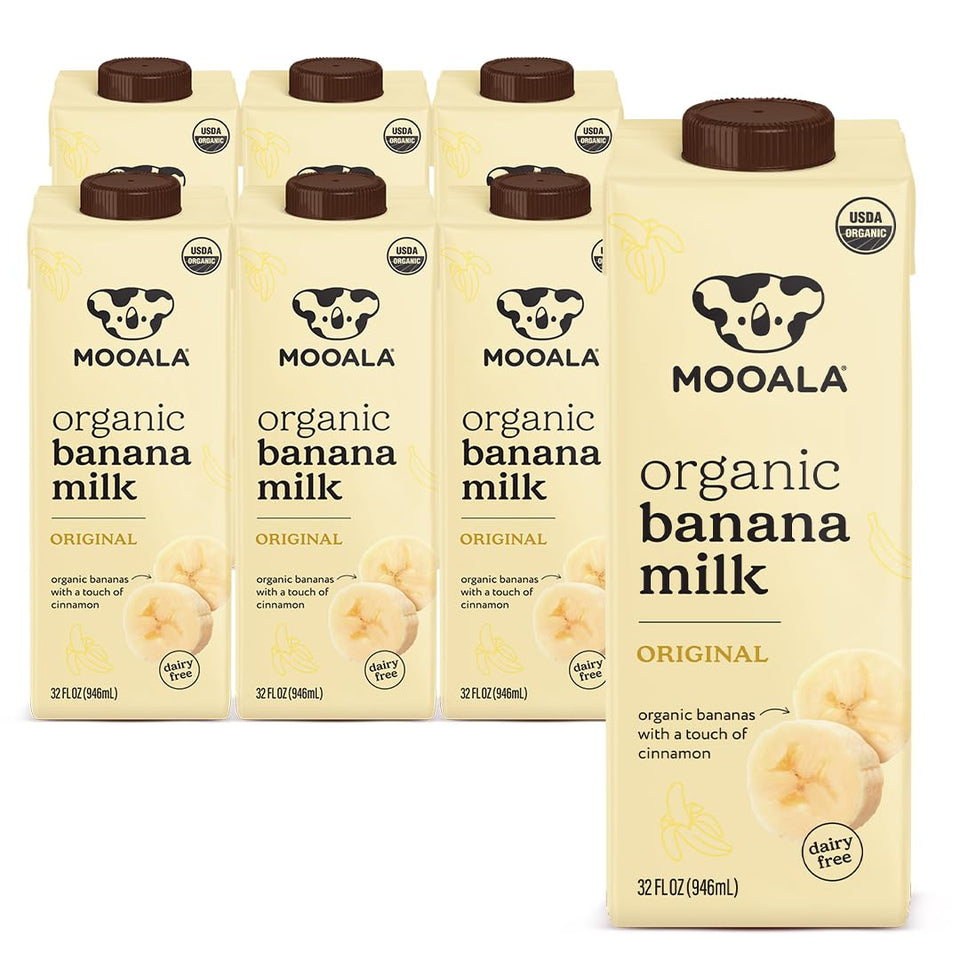 Mooala Banana Milk carton on pantry shelf, showcasing shelf-stable packaging for easy pantry storage.