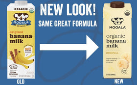 Mooala Banana Milk being poured over cereal for a dairy-free breakfast.