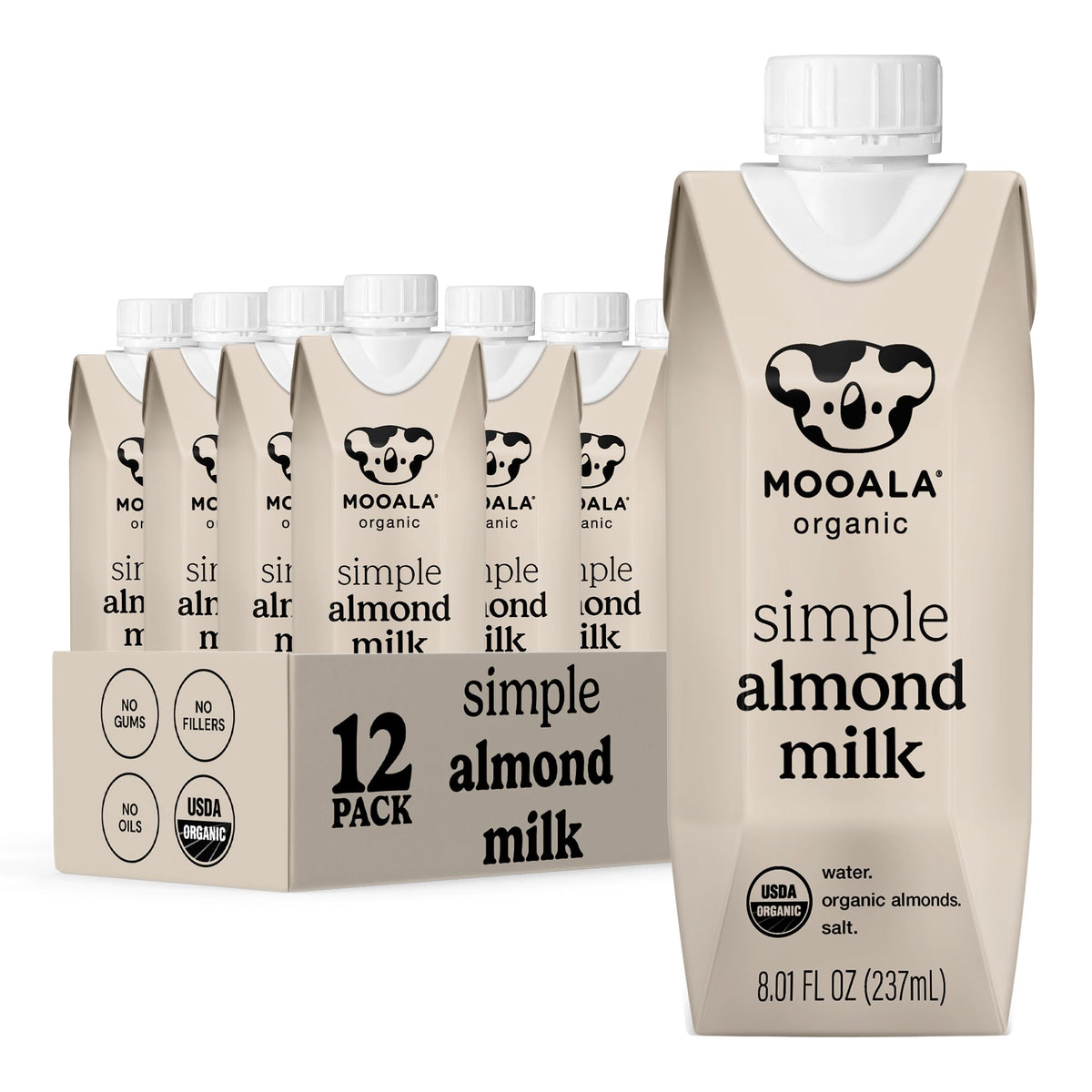Mooala Organic Simple Almondmilk shelf-stable cartons for convenient dairy-free hydration on the go.