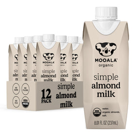 Mooala Organic Simple Almondmilk shelf-stable cartons for convenient dairy-free hydration on the go.
