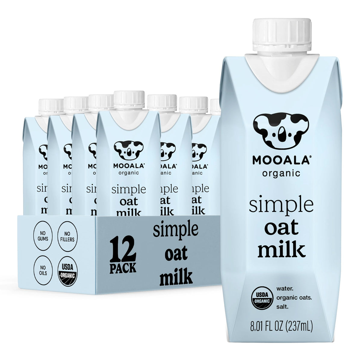 Mooala Organic Simple Oatmilk carton pouring into coffee for a creamy, dairy-free sip